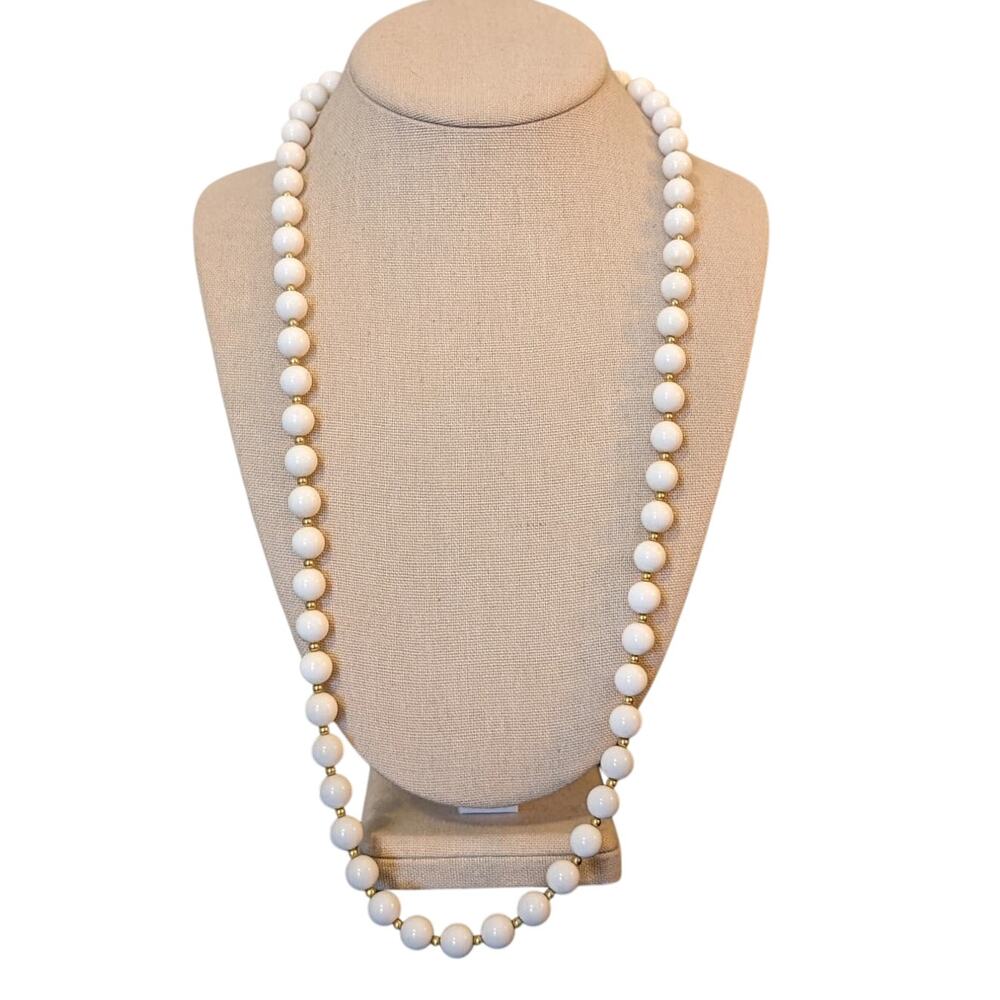 Vintage Monet White Gold Bead 30" Necklace W/ Sister Clasp